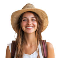 A smiling woman enjoying summer travel with a straw hat and backpack in a sunny outdoor setting, a portrait photo of smiling woman in summer travel attire, isolated transparent background png