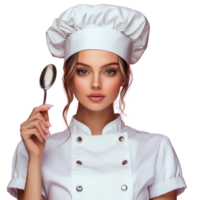 A young woman in a chef hat passionately holds a spoon, ready to create culinary delights in the kitchen, A beautiful young woman in chef hat is holding a spoon, png