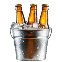 Refreshing bucket of chilled beer bottles surrounded by ice on a crisp transparent background, A bucket beer bottles with ice, transparent background. png