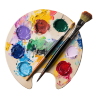 Artistic palette with colorful paints and paintbrushes on a clean transparent background for creative projects, A Palette With Paintbrushes isolated on transparent background png