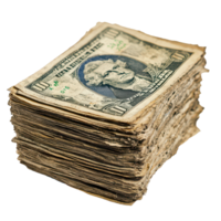A detailed view of a stack of old American currency on a transparent background showcasing historical bills, A stack old American currency, transparent background. png