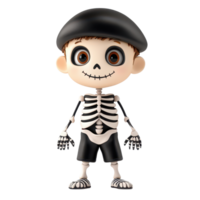 Cartoon boy dressed as a skeleton standing isolated with a playful expression during Halloween festivities, 3D cartoon boy disguised as skeleton, isolated on transparent background png