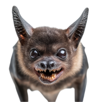 Close-up portrait of a bat with focused gaze showcasing distinct facial features on a transparent background, bat face shot isolated on transparent background png