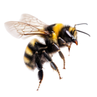 A stunning bumblebee flying in a macro shot, showcasing its intricate details against a transparent background, a stunning bumblebee is flying, macro shotisolated transparent background png
