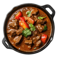 Savory beef curry served hot in a cast iron pot with vibrant peppers and fresh herbs on a transparent background, Beef Curry in a Cast Iron Pot, transparent background. png