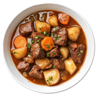 Delicious homemade beef stew served in a bowl with hearty vegetables on a clean transparent background, Beef Stew, transparent background. png