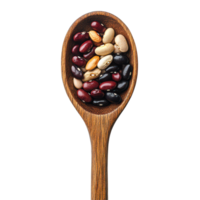 Assorted beans nestled in a wooden spoon against a clean transparent background, Mung beans in wood spoon isolated on transparent background png