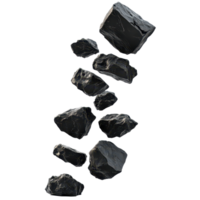 Black rocks levitating and falling in a surreal display against a transparent background, black rocks falling levitating flying, isolated on transparent background png