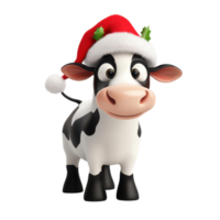 Cartoon cow wearing a Santa hat with holly on a transparent background for festive holiday cheer, 3D Cartoon Cow in Santa Hats on transparent background png