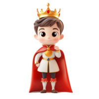 Cartoon prince character with crown and cape standing confidently on a transparent background, 3D Cartoon Prince Characters on transparent background png