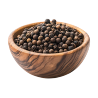 Fresh black peppercorns in a wooden bowl on a clean transparent background for culinary uses and spice decoration, black pepper in wood bowlisolated on transparent background png
