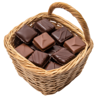 A delightful assortment of square chocolates in a woven basket against a crisp backdrop, Basket Square Chocolates on transparent background png