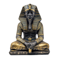 Ancient Egyptian Pharaoh statue adorned in detailed gold and blue against a clean backdrop, Ancient Egyptian Pharaoh Statue on transparent background png