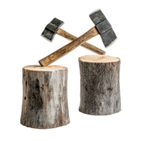 Axes placed on wood stumps showcasing rustic tools against a clean transparent background for a woodworking theme, Axes on Wood Stumps on transparent background png