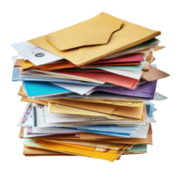 A stack of assorted envelopes containing bills and correspondence isolated on a transparent background, Bills envelopes stack isolated mails correspondence mail png