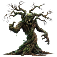 A terrifying monster tree emerges from a stark transparent background with twisted branches and fierce expression, a monster tree, scary tree, transparent background. png