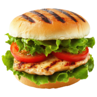 Grilled chicken sandwich with fresh lettuce and tomatoes served on a toasted bun, A delicious chicken sandwich with fresh lettuce and juicy tomatoes, transparent background. png
