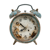 An old and dirty alarm clock resting on a transparent background with visible rust and wear, an old and dirty alarm clock, transparent background. png