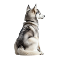 Husky dog sitting calmly and observing its surroundings in a serene indoor setting, Back view husky dog sitting and looking something png