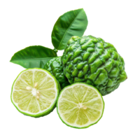 Fresh bergamot and lime fruits on a transparent background showcasing their vibrant green color and texture, Bergamot or Thai lime and lime isolated on transparent background png