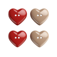 Heart-shaped buttons in red and beige colors isolated on a transparent background for craft and sewing projects, 3d heart buttons isolated on transparent background png