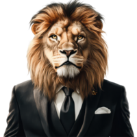 Assertive lion boss in a suit confidently poses against a transparent background for a striking corporate theme, Assertive Lion Boss in Suit on transparent background Conceptual Artwork png