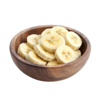 Fresh banana slices served in a wooden bowl, perfect for healthy snacking and culinary preparation, Banana slice in wood bowl isolated on transparent background png