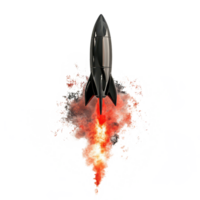 Black rocket launching with red tail flames and smoke billowing into the air during a dynamic aerospace demonstration, black rocket with a red tail and smoke coming out it, transparent background. png