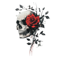 A striking skull adorned with a vibrant red rose amidst delicate leaves against a clean transparent background, a skull and flowers, with a red rose on it, transparent background. png