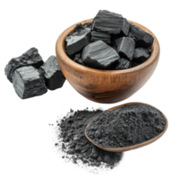 Activated charcoal and powder in wooden bowl and spoon on a transparent background for natural health uses, Activated charcoal and powder isolated on transparent background png