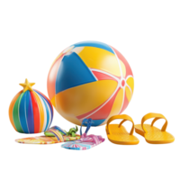 Colorful beach ball and flip flops with summer accessories ready for a fun beach day in the sun, Beach ball with flip flops and beach accessories on transparent background png