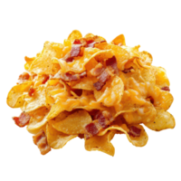 Delicious serving of crispy potato chips topped with melted cheese and crunchy bacon, perfect for snacking anytime, a serving potato chips with cheese and bacon, transparent background. png