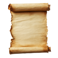 Aged paper scroll on a transparent background showcasing its worn edges and antique texture for artistic use, Aged Worn Paper Scroll, transparent background. png