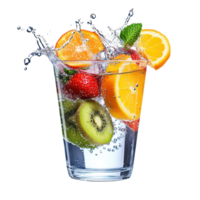 Refreshing glass filled with fruits and splashes of clear water in a bright setting, A glass juicy with fruits and splash clean water onisolated on transparent background png