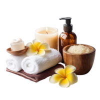 Relaxing spa setup featuring candles, towels, and natural beauty products on a transparent background, Beautiful spa composition on transparent background png