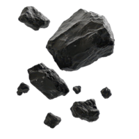 Black rocks levitating and flying in an isolated arrangement against a transparent background, black rocks falling levitating flying, isolated on transparent background png