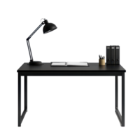 Modern black office desk with lamp, books, and stationery on a transparent background, Black office desk with lamp table isolated on transparent background png
