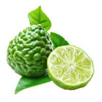 A fresh half of bergamot with bright green leaf showing texture isolated on a clean transparent background, A half of bergamot or Thai lime with leaf isolated on transparent background png