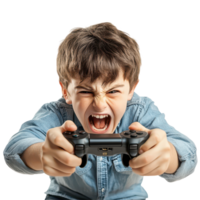 Frustrated child intensely plays game while gripping controller tightly in a bright indoor setting, Angry Kid Holding Controller Playing Game on transparent background png