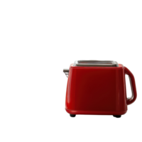 A vibrant red toaster beside a cup and toasted bread on a table in a bright kitchen setting, A red toaster on a table, transparent background. png