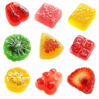 A vibrant assortment of colorful fruit jelly candies displayed against a transparent background, Assortment colorful fruit jelly candyisolated on transparent background png