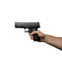 A hand firmly grips a black gun with a smooth finish against a plain backdrop, A hand holding a black gun on a transparent background png