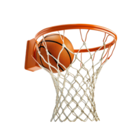 A basketball swooshes through the net of a hoop during an exciting moment in a game on the court, basketball going through the net a basketball hoop, transparent background. png
