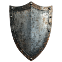 Antique-looking steel shield with rivets on a transparent background, showcasing historical craftsmanship and design details, Antique-Looking Steel Shield with Rivets, transparent background. png