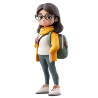 A female student character stands confidently with a backpack on a transparent background, exuding enthusiasm for learning, 3D female Student character on transparent background png