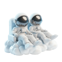 Two cartoon astronauts relaxing on fluffy clouds against a transparent background, enjoying, 3D Cartoon Astronauts Relaxing on Clouds on transparent background Space Exploration Rest Concept png