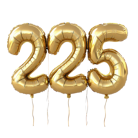 Celebrate the New Year with golden balloons shaped as two, two, and five for a festive atmosphere, 3D Gold Balloons Shaped as 2025 for New Year Celebration on transparent background png