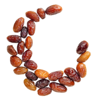 Arabian dates arranged in a crescent moon shape, showcasing their natural beauty and rich colors on a transparent background, Arabian dates fruit arranged in shape crescent moon png