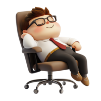 Cartoon boss character enjoying a midday nap in a swivel chair at the office during working hours, 3d Cartoon Boss character sleeping in chair at workplace, transparent background. png