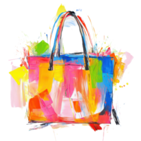 A vibrant painting of a shopping bag on a transparent background showcasing bright colors and playful design elements, a painting a shopping bag, transparent background. png